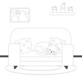 Cute lovely black and white cartoon with cat lying on sofa vector illustration for coloring art Royalty Free Stock Photo