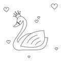 Cute lovely black and white princess swan vector illustration for coloring art