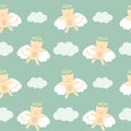 Cute lovely cartoon angel cat flying in the sky seamless pattern background illustration Royalty Free Stock Photo
