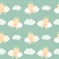 Cute lovely cartoon angel cat flying in the sky seamless pattern background illustration Royalty Free Stock Photo