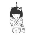 Cute lovely cartoon black and white unicorn geisha vector illustration for coloring art Royalty Free Stock Photo