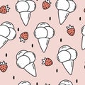 Cute lovely cartoon delicious black and white ice creams with red strawberries seamless vector pattern illustration on pink backgr Royalty Free Stock Photo