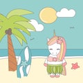 Cute lovely cartoon Hawaiian unicorn at the beach funny vector illustration