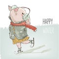 Cute lovely cartoon pig skating