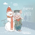 Cute lovely cartoon pig with snowman