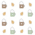 Cute lovely cartoon seamless vector pattern background illustration with leaves, cozy cups with heart and whipped cream