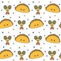 Cute lovely cartoon seamless vector pattern background illustration with mexican tacos and maracas