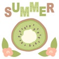 Cute lovely cartoon vector summer card with hand drawn kiwi slice and flowers Royalty Free Stock Photo