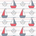 Cute lovely cartoon summer marine striped seamless vector pattern background illustration with boats and anchors