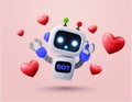 Cute and lovely chatbot banner template with waving robot, flying hearts. I love you concept. 3d rendered robot Royalty Free Stock Photo