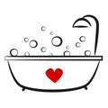 Cute lovely hand drawn black white bathtub with red heart linear illustration