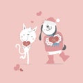 Cute and lovely hand drawn cat and dog holding heart, happy valentine`s day, love concept Royalty Free Stock Photo