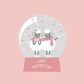 Cute and lovely hand drawn couple sheep in crystal ball, happy valentine`s day, love concept