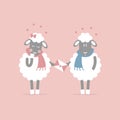 Cute and lovely hand drawn couple sheep holding love letter with heart, happy valentine`s day, birthday, love concept Royalty Free Stock Photo