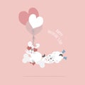 Cute and lovely hand drawn cute couple french bulldog pug with balloon and bone, happy valentine`s day, love concept
