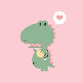 Cute and lovely hand drawn dinosaur, crocodile holding meat with heart, happy valentine`s day, love concept