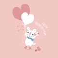 Cute and lovely hand drawn cute french bulldog pug holding heart balloon and love letter, happy valentine`s day, love concept Royalty Free Stock Photo