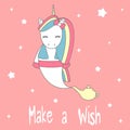 Cute lovely hand drawn lettering slogan make a wish card with cartoon vector genie unicorn