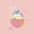 Cute and lovely hand drawn penguin in pink cup, happy valentine`s day, love concept Royalty Free Stock Photo