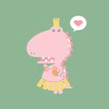 Cute and lovely hand drawn pink dinosaur, crocodile holding meat with heart, happy valentine`s day, love concept
