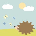 Cute lovely hedgehog in the meadow looking butterfly in the sky cartoon illustration Royalty Free Stock Photo