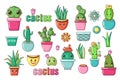 Cute lovely kawaii house plants vector art. Flowers cactus with Kawaii faces in pots. Cartoon style isolated. Nursery