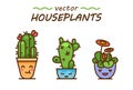 Cute lovely kawaii houseplants vector art. Kawaii faces flower pots. Cartoon style. Vector icons on white background.