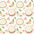 Cute lovely modern summer seamless vector pattern background illustration with hand drawn coconut and flowers