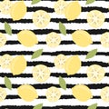 Cute lovely modern summer seamless vector pattern illustration with hand drawn lemon on black and white striped background