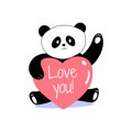 Cute lovely panda holding heart sign with love you typograpy, waving hand, celebrating Valentine`s Day. Isolated vector kawaii