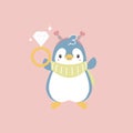 cute and lovely penguin holding diamond ring, happy valentine\'s day, love concept Royalty Free Stock Photo