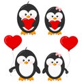 Cute lovely penguin stand with red heart and heart shape balloons set isolated on white background. Royalty Free Stock Photo