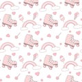 Cute lovely pink and white seamless vector pattern background illustration with roller skates, rainbows, hearts, stars, ice cream