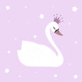 Cute lovely princess swan on violet background illustration