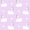 Cute lovely princess swan on violet background seamless pattern illustration