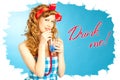 Cute Lovely redhead pin-up girl drinks a drink Royalty Free Stock Photo