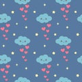Cute lovely romantic seamless vector pattern background illustration with cartoon clouds and hearts
