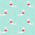 Cute lovely seamless vector pattern background illustration with baby seals with heart