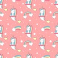 Cute lovely seamless vector pattern background illustration with genie unicorn, rainbow and comet