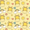 Cute Lovely Seamless Vector Pattern Background Illustration For Kids With Cartoon Giraffe, Sun, Rainbow, Heart, Star And Flower