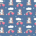 Cute lovely seamless vector pattern background illustration with unicorn sitting on a rainbow swing