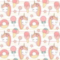 Cute lovely seamless vector pattern background illustration with cartoon unicorn, donuts, ice cream, lollipop and stars Royalty Free Stock Photo