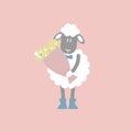 cute and lovely sheep holding flower, happy valentine\'s day, love concept