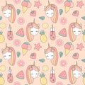 Cute lovely summer seamless vector pattern background illustration with unicorn, pineapples, ice cream, watermelon slice, strawber