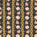 Cute lovely trendy seamless vector pattern illustration with golden chains, pink flowers and white pearls on dark background