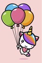 Cute and lovely unicorn animal cartoon characters flying with lots of balloons