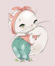 cute lovely white lady cat - vector clip art