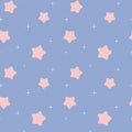 Cute lovely white and pink rose quartz stars in blue serenity sky seamless pattern background illustration