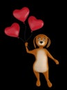 A cute lover valentine cartoon dog with a red heart baloons isolated on black background. 3d render