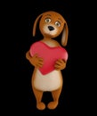 A cute lover valentine cartoon dog with a red heart isolated on black background. 3d render